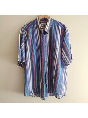 World Island Vtg 90s Mens Shirt XL Blue Striped Colorful Boxy Fit Top